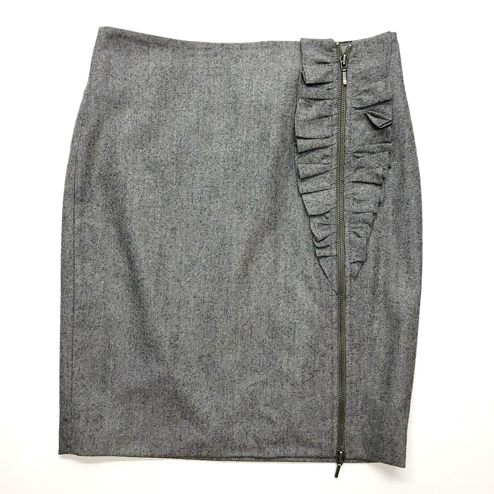 Banana Republic Skirt Women 4 Wool Pencil Charcoal‎ Ruffle Zip Front Career Boss
